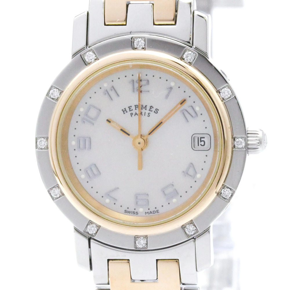 HERMES Clipper Diamond Pink MOP Dial Quartz Watch CL4.222 Polished